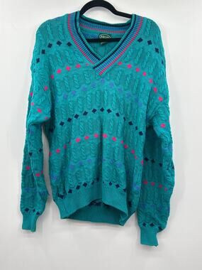 Vintage IZOD L Sweater 80s 90s Teal Cable Knit Grandpa Coastal Preppy England